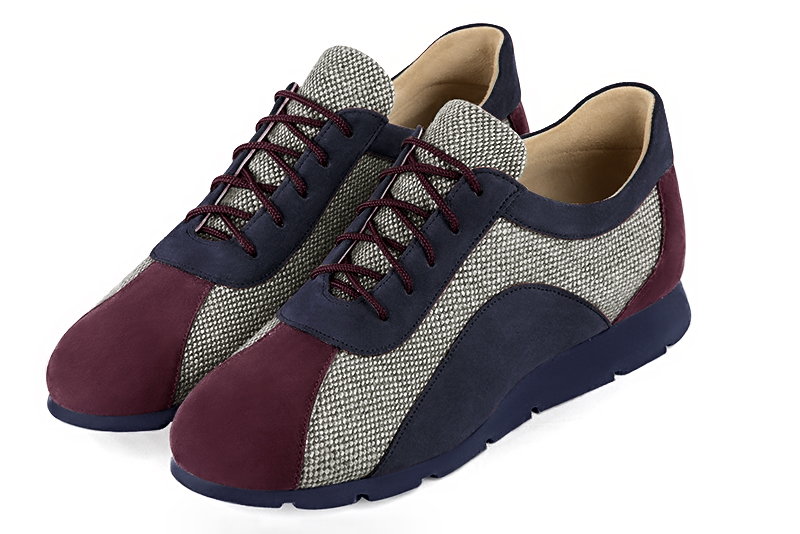 Wine red, dove grey and navy blue women's open back shoes. Round toe. Flat rubber soles. Front view - Florence KOOIJMAN